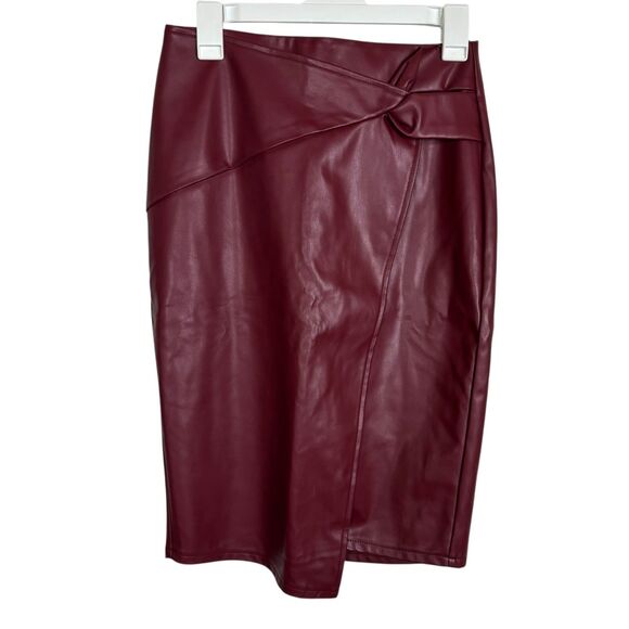 NWT KATE KASIN Faux-Leather Red Knot-Front Wrap Pencil Skirt Women's Size Small - Picture 2 of 5